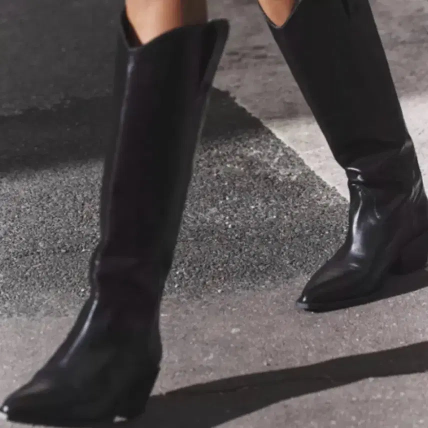 [BUNJANG] Zara Black Real Leather Cowboy Boots / 자라 블랙 리얼 레더 카우보이 부츠, 웨스턴 롱부츠 37