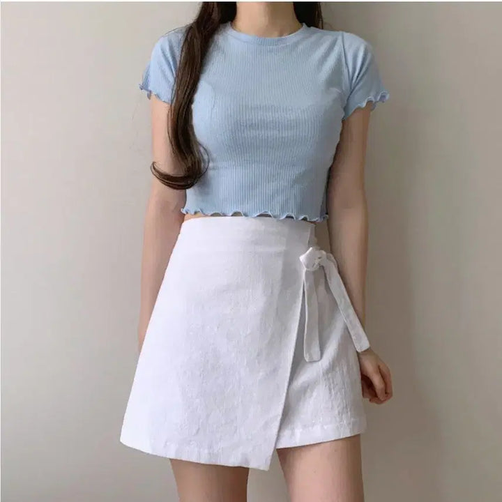 [BUNJANG] Wave Pattern Ribbed Cropped T-Shirt / 물결 라운드 골지 크롭티셔츠