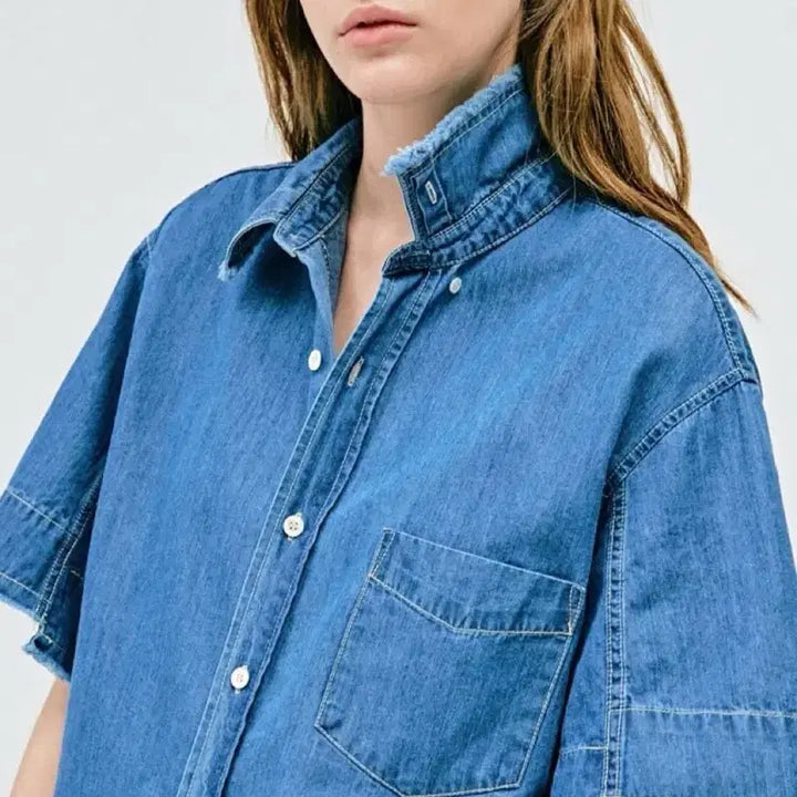 [BUNJANG] System Denim Fringe Blouse Jacket / 한섬 시스템 SYSTEM 데님 반팔 셔츠 프린지 청블라우스블루여름남방자켓