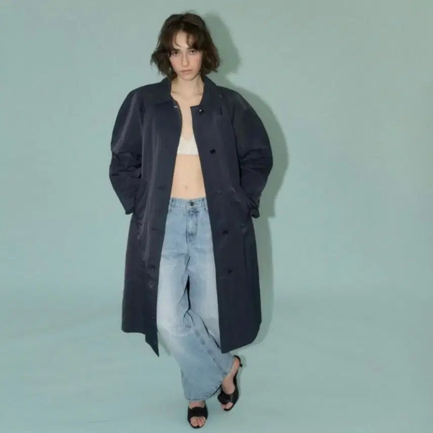 [BUNJANG] Poeto Glossy Trench Coat Navy / 포에토 글로시 트렌치 코트 네이비