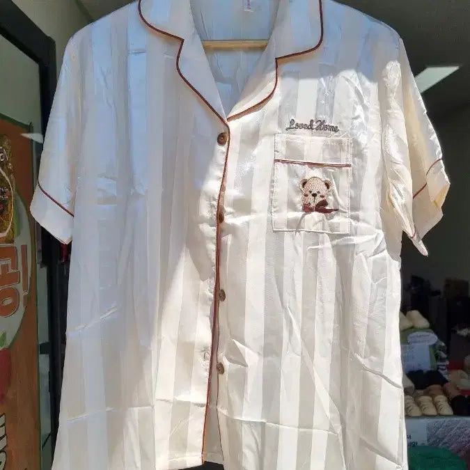 [BUNJANG] Bear Embroidery Stripe Short Sleeve Pajama Set / 곰돌이 자수 스트라이프 반팔 파자마