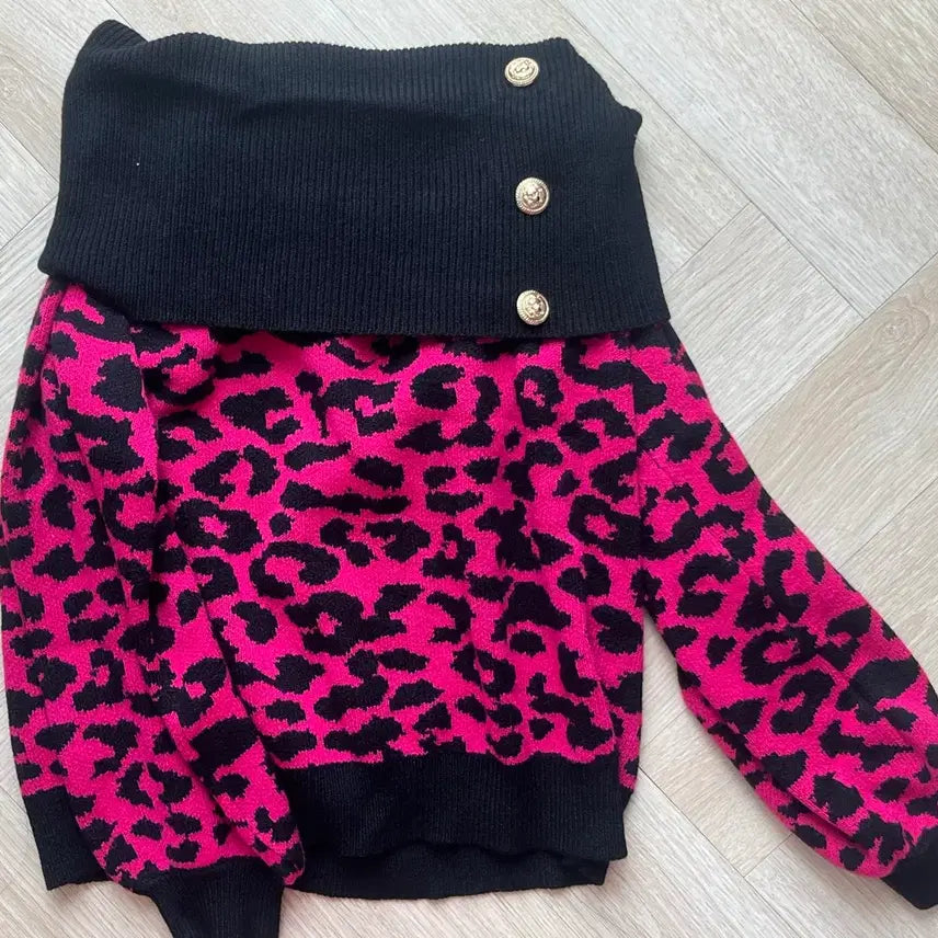 [BUNJANG] Gyaru Pink/Black Leopard Off-Shoulder Knit / 갸루 핑크/블랙 레오파드 오프숄더 니트