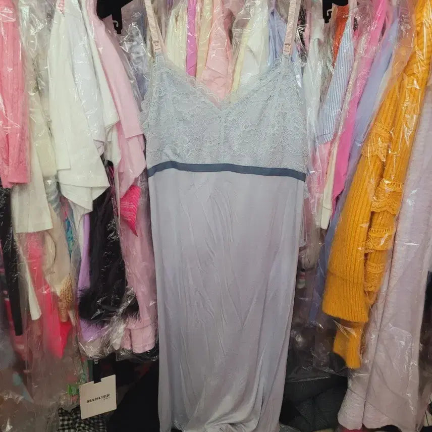 [BUNJANG] Lace Long Slip Dress - Sky Blue / 레이스 롱 슬립 원피스 하늘색