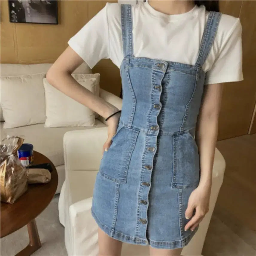 [BUNJANG] Light Wash Button Mini Dress / 연청 버튼 미니원피스