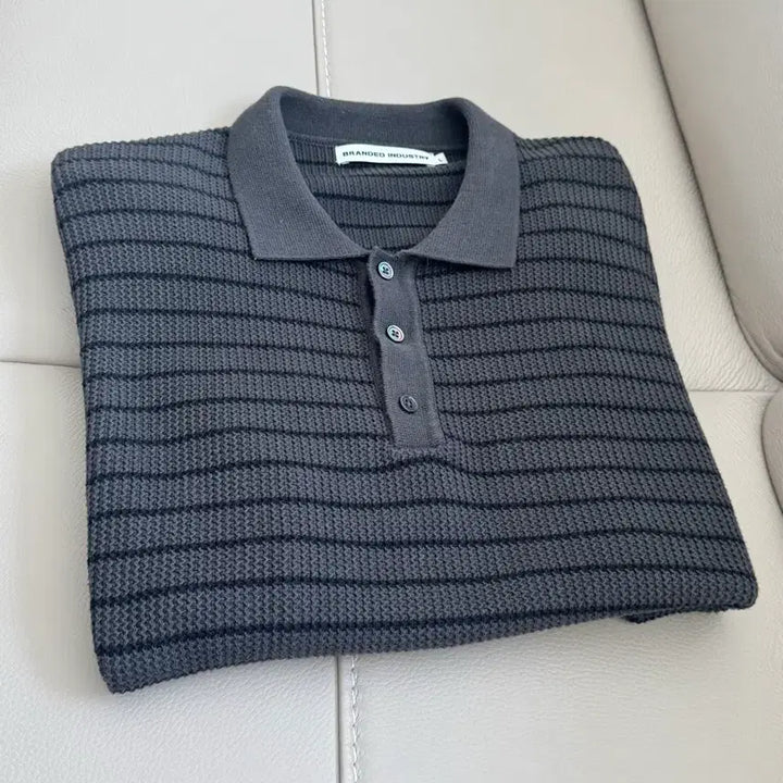 [BUNJANG] Branded Polo Knit Charcoal Stripe L / 브랜디드 폴로 니트 L