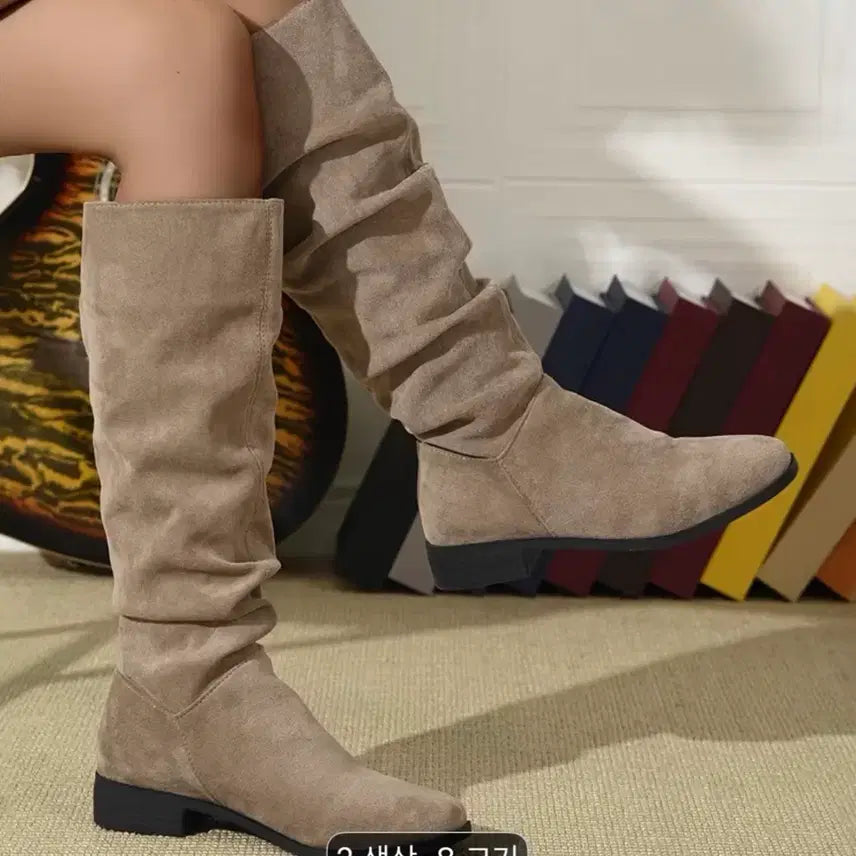 [BUNJANG] Suede Shirring Long Boots - Beige / 스웨이드 셔링 롱부츠 베이지