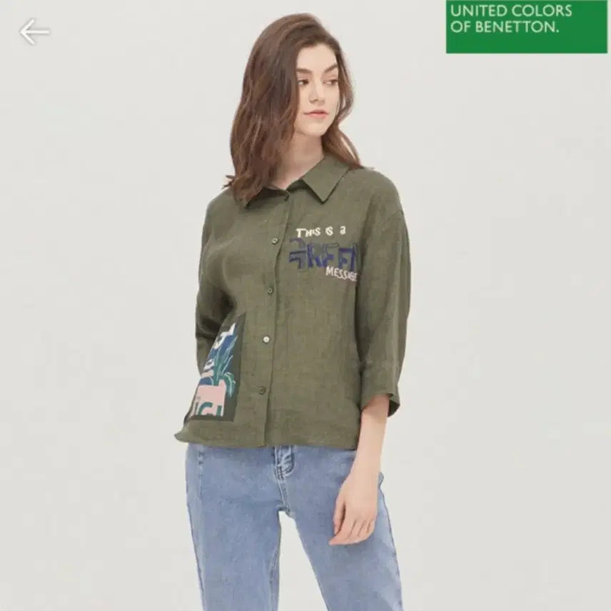 [BUNJANG] Benetton Embroidered Patch Linen Shirt / 베네통 자수패치 린넨 셔츠 55