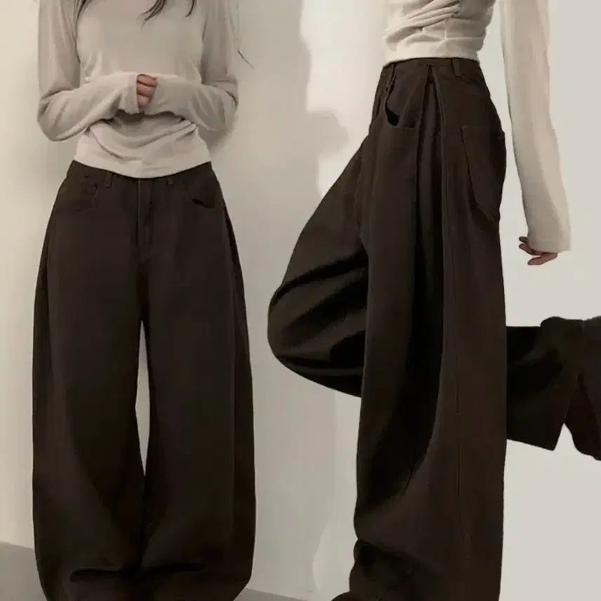 [BUNJANG] Ablu Brown Pintuck Side Slit Cotton Wide Pants / 에이블리 브라운 핀턱 옆절개 코튼 와이드 팬츠