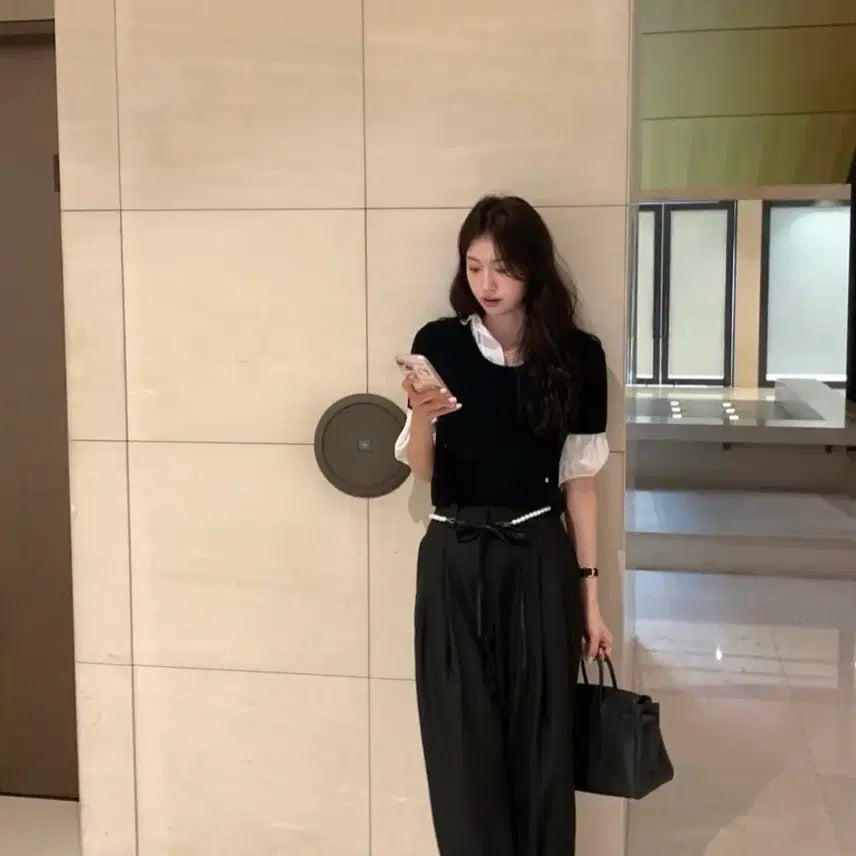 [BUNJANG] Le Plain Glory Blouse + Black Cashmere Knit Set / 르플레인 글로리 블라우스+블랙 캐시미어 니트 새상품