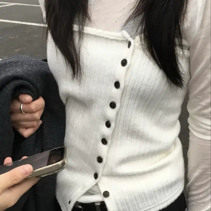 [BUNJANG] Layered Wool Button Top White / 레이어드 울 버튼 탑 화이트