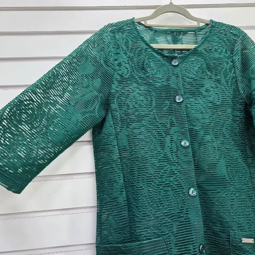 [BUNJANG] Green Mesh 3/4 Sleeve Ladies Long Jacket / 그린 망사원단 칠부소매 부인복롱자켓/보물찾기천사