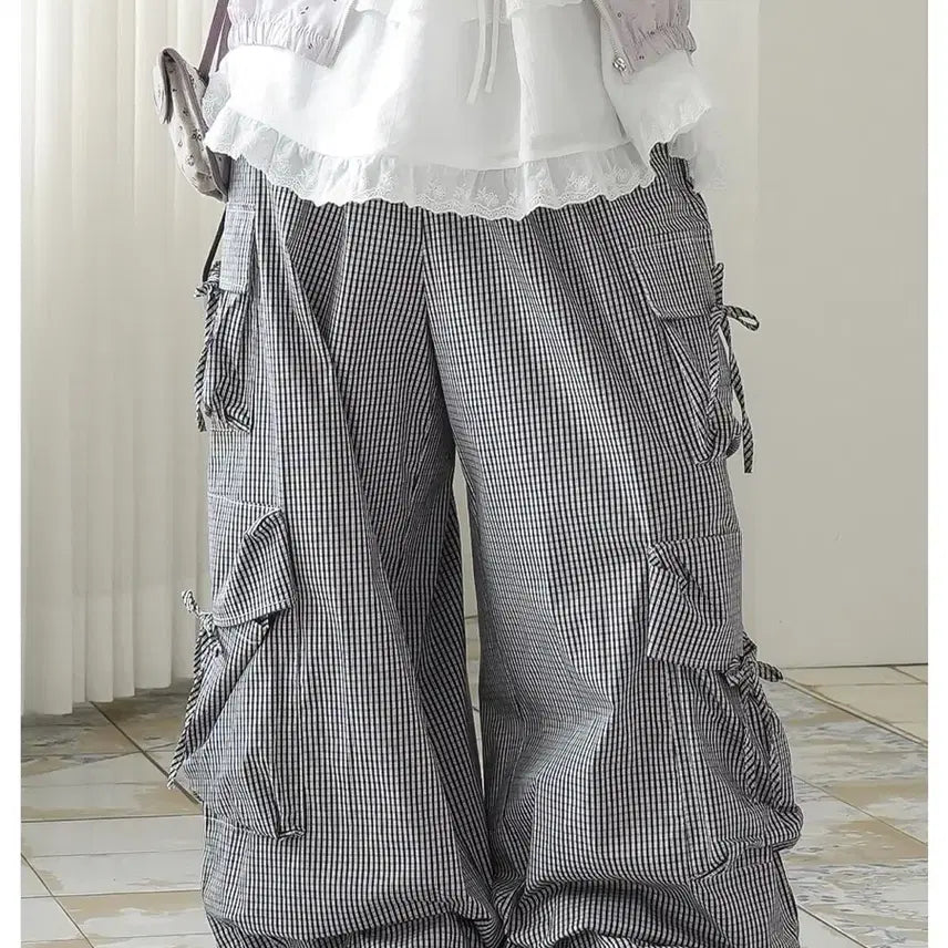[BUNJANG] Binary One Check Ribbon Cargo Balloon Wide Summer Pants / 새상품) 바이너리원 체크 리본 카고 벌룬와이드 여름 팬츠
