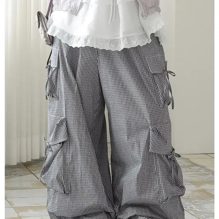 [BUNJANG] Binary One Check Ribbon Cargo Balloon Wide Summer Pants / 새상품) 바이너리원 체크 리본 카고 벌룬와이드 여름 팬츠
