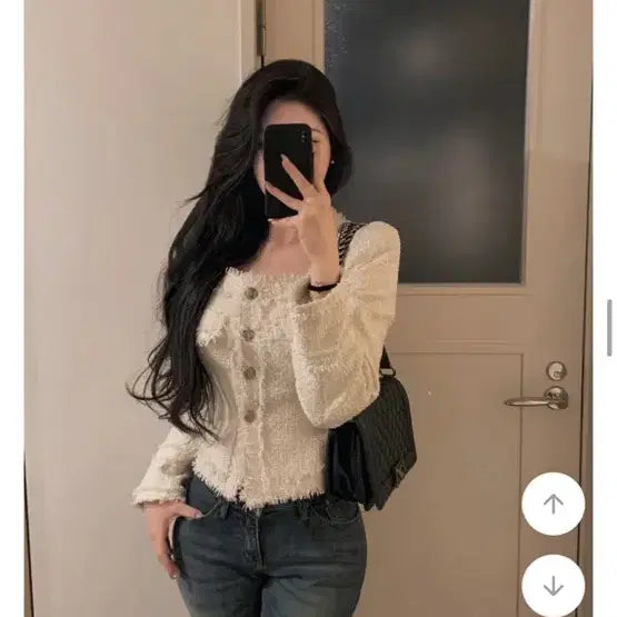 [BUNJANG] Square Neck Collarless Tweed Jacket / 새상품 포장그대로 스퀘어넥 노카라 트위드 자켓 봄 아우터 여신룩 허리잘록