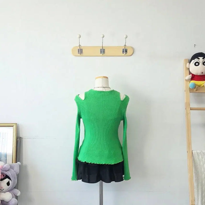 [BUNJANG] toinq Green Ribbed Off-Shoulder Top / 빈티지 만원샵 toinq 그린 어깨트임 골지티