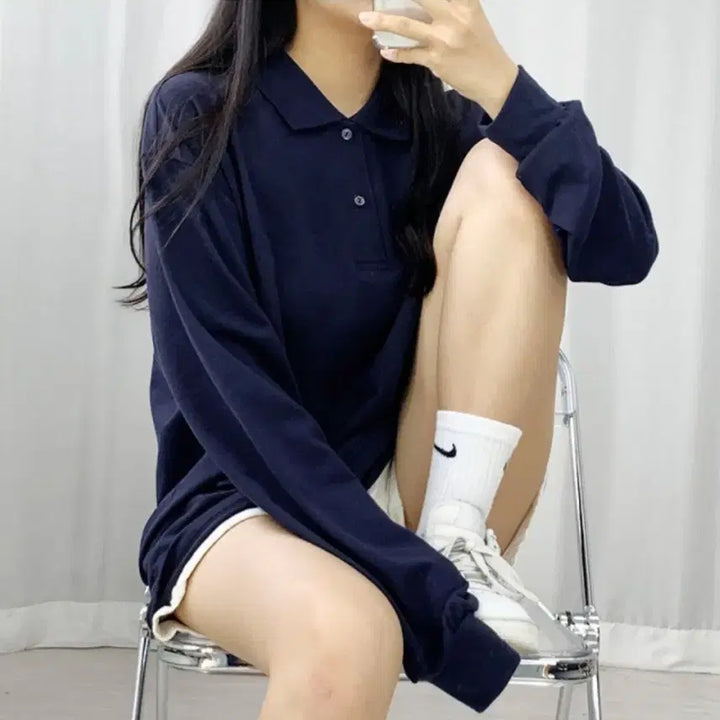 [BUNJANG] Long Sleeve Collared T-Shirt Navy / 긴팔 카라티 네이비