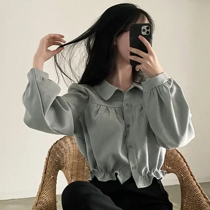 [BUNJANG] Round Collar Puff Sleeve Cropped Blouse / 라운드 카라 퍼프 크롭 블라우스