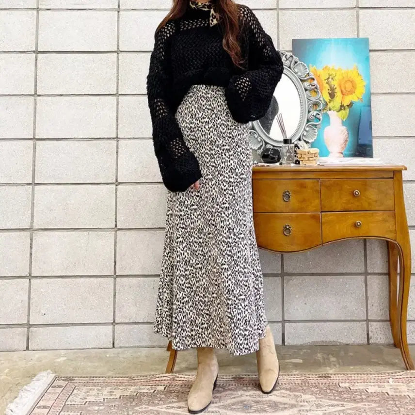 [BUNJANG] Leopard Pattern Long Flare Skirt / 레오파드 패턴 롱 스커트