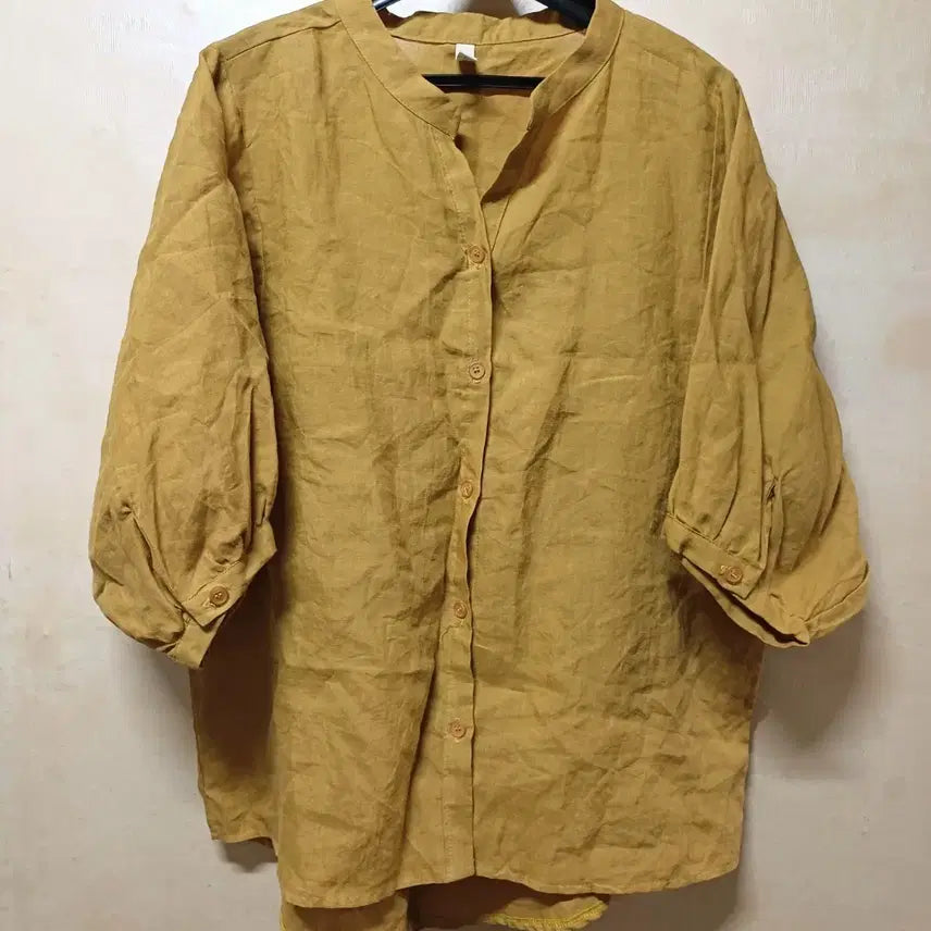[BUNJANG] Linen Short Sleeve Blouse Mustard / 린넨 반팔 블라우스 머스타드