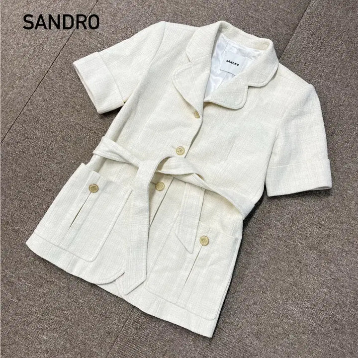 [BUNJANG] Sandro Short Sleeve Tweed Belted Jacket / [36] 산드로 반팔 트위드 벨티드 자켓