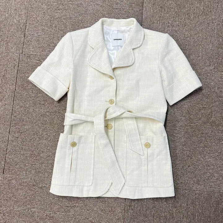 [BUNJANG] Sandro Short Sleeve Tweed Belted Jacket / [36] 산드로 반팔 트위드 벨티드 자켓