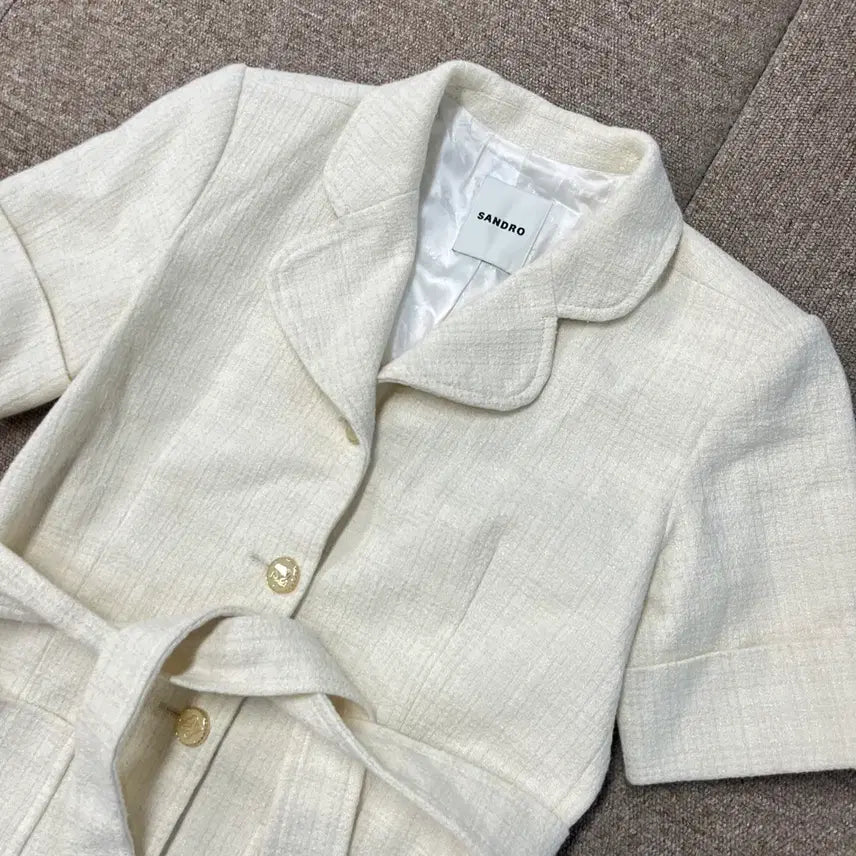 [BUNJANG] Sandro Short Sleeve Tweed Belted Jacket / [36] 산드로 반팔 트위드 벨티드 자켓