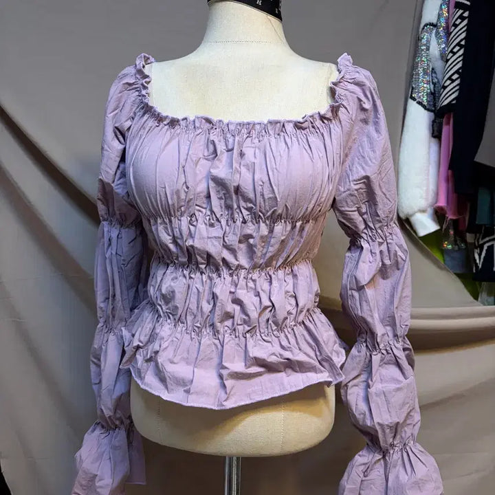 [BUNJANG] Purple Shirring Blouse Long Sleeve / 퍼플 셔링 블라우스 긴팔