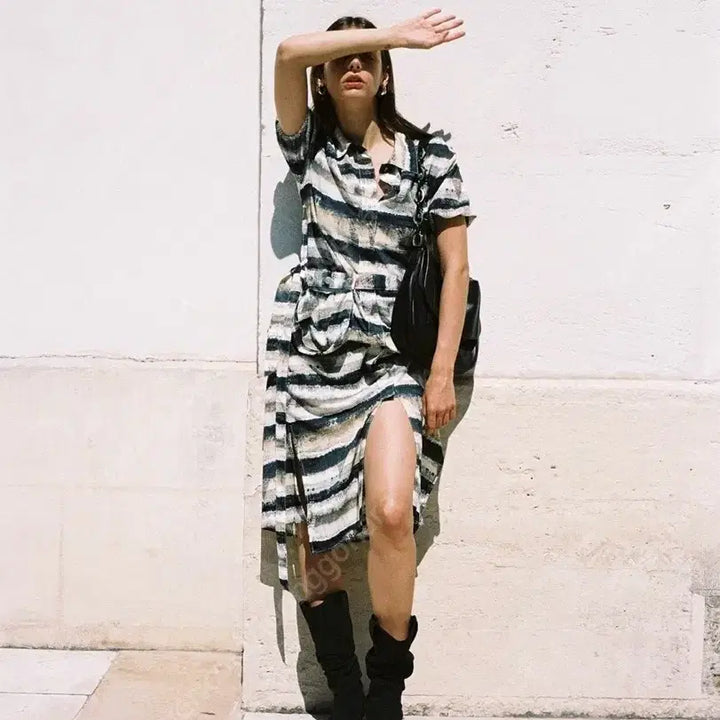 [BUNJANG] Matin Kim Striped Pattern Long Dress / 마땡킴 줄무늬 패턴 반팔 롱 원피스