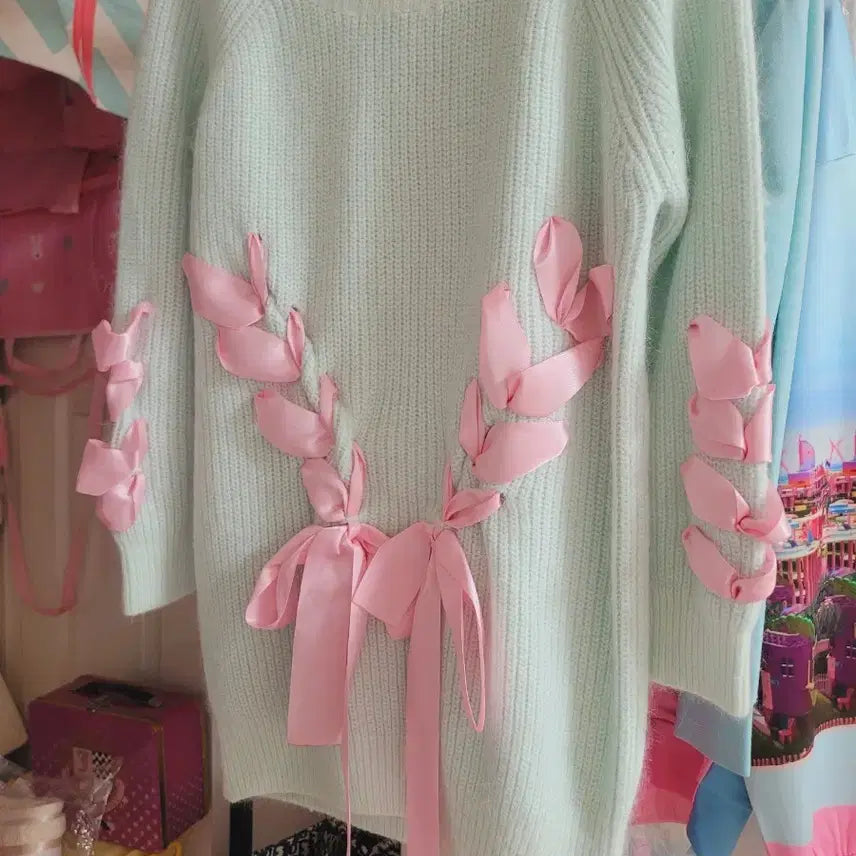 [BUNJANG] Mint Ribbon Knit Sweater / 민트 리본 장식 니트 수입
