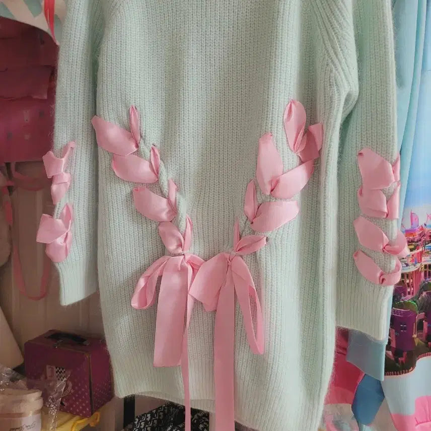 [BUNJANG] Mint Ribbon Knit Sweater / 민트 리본 장식 니트 수입
