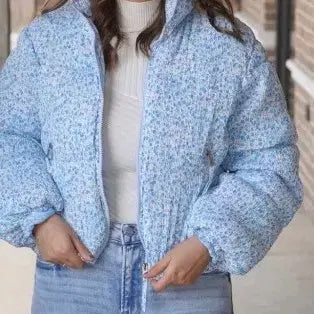 [BUNJANG] Flower Pattern Blue Short Padded Jacket / 플라워 패턴 블루 숏패딩 수입