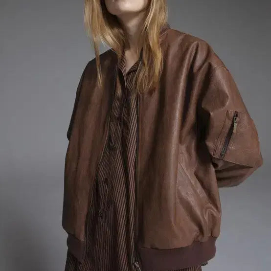 [BUNJANG] Brown Leather Bomber Jacket / 브라운 레더 봄버 자켓 가죽자켓