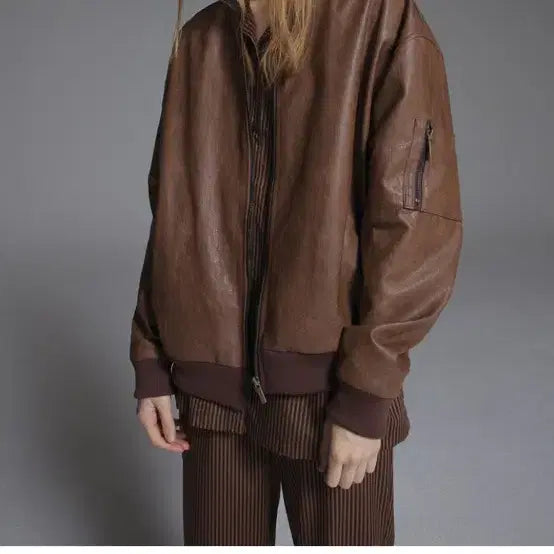 [BUNJANG] Brown Leather Bomber Jacket / 브라운 레더 봄버 자켓 가죽자켓