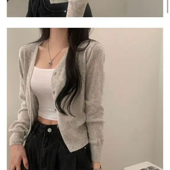 [BUNJANG] Linen Knit Cropped Cardigan - Gray / 린넨 니트 크롭 가디건 그레이