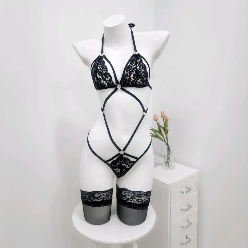 [BUNJANG] Black Strap Lace All-in-One Lingerie / 블랙 스트랩 레이스 올인원 란제리 속옷