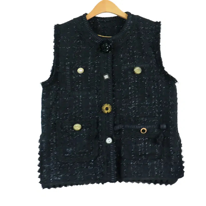 [BUNJANG] Black Tweed Color-Block Button Vest (Free Size) / 블랙 트위드 배색 버튼 조끼 베스트 프리사이즈 페미닌룩