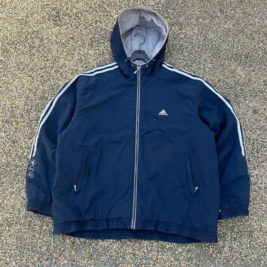 [BUNJANG] Adidas Navy Side Line Hooded Windbreaker / 아디다스 네이비 사이드 라인 후드 바람막이