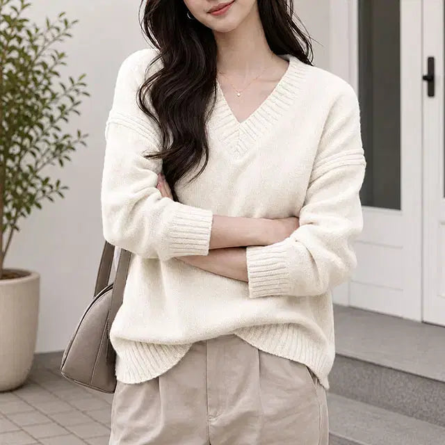 [BUNJANG] Ssashop ST123 V-Neck Knit Pullover - Ivory / 쎄샵 ST123 도톰 브이넥니트 플오버 아이보리 FREE5566-1개