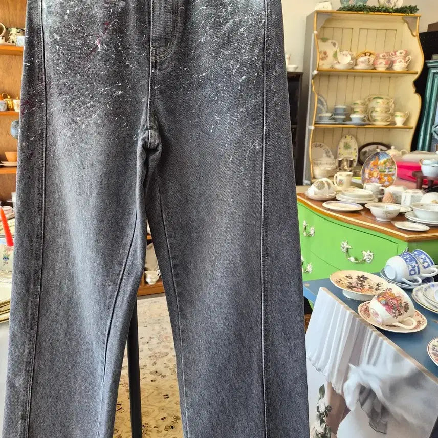 [BUNJANG] Black Washing Splash Denim Wide Pants / 블랙 워싱 스플래쉬 데님 와이드 팬츠