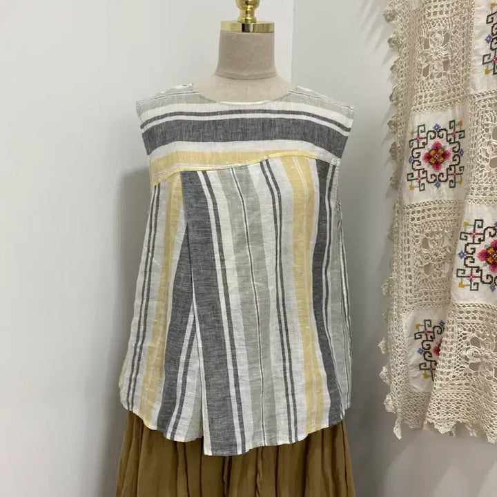 [BUNJANG] Linen Stripe Sleeveless Top / 린넨 스트라이프 민소매