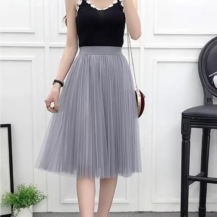 [BUNJANG] Gray Pleated Midi Skirt / m/허리 28.5~30" 그레이 샤 스커트 치마 -무릎아래