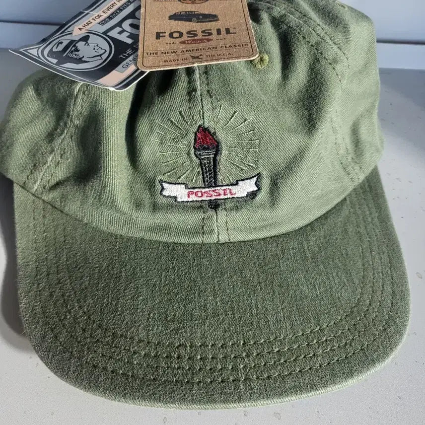 [BUNJANG] Fossil 90s Green Torch Embroidered Baseball Cap / 90sFossil 화석 모자 그린 새상품 택 O