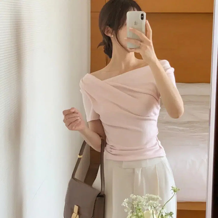 [BUNJANG] Ballet Pink "Perbit" Shirring Short Sleeve Top / 단종된 상품 발렛핑크 퍼빗 퍼스널컬러 여리셔링 오프티 탑 (반팔버전)