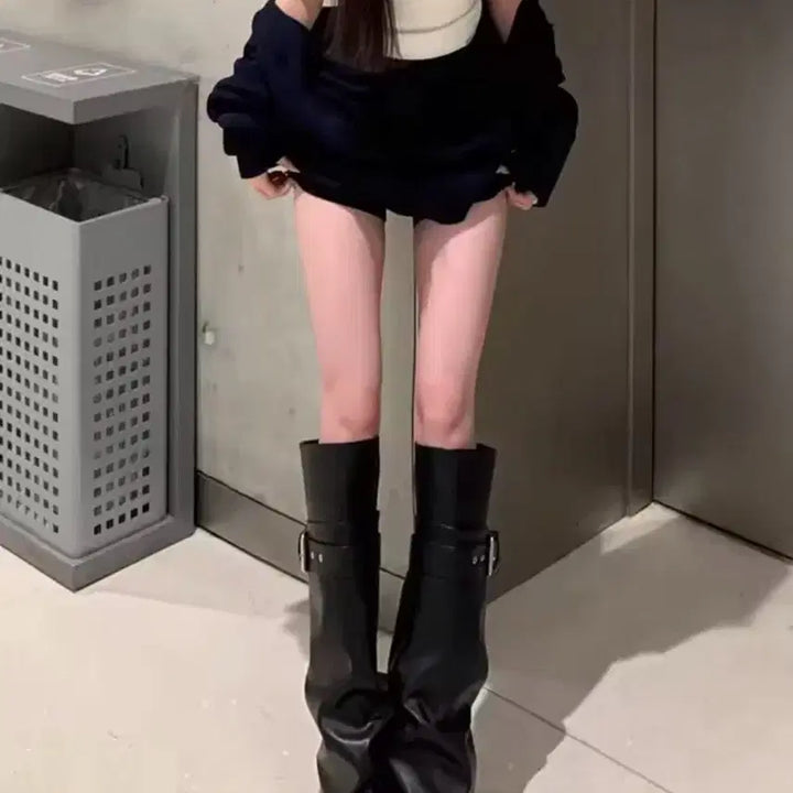 [BUNJANG] Buckle Long Boots - Black - Size 235 / 버클 롱부츠 블랙 235