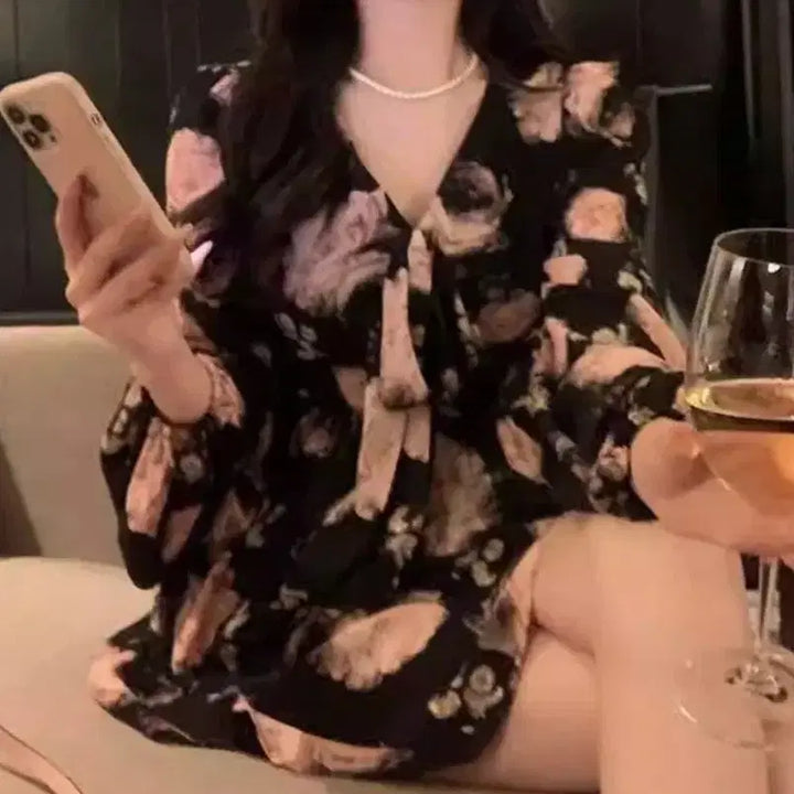 [BUNJANG] V-Neck Floral Mini Dress / 브이넥 플라워 미니원피스-M
