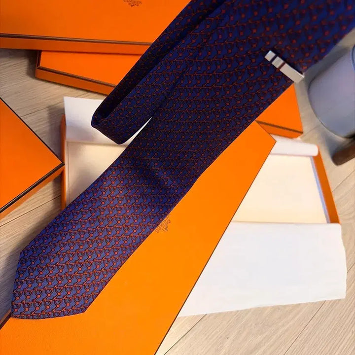 [BUNJANG] Hermès 100% Silk Blue &amp; Orange Pattern Necktie / 정품 에르메스 넥타이 블루&amp;오렌지패턴 실크100% 실착2회