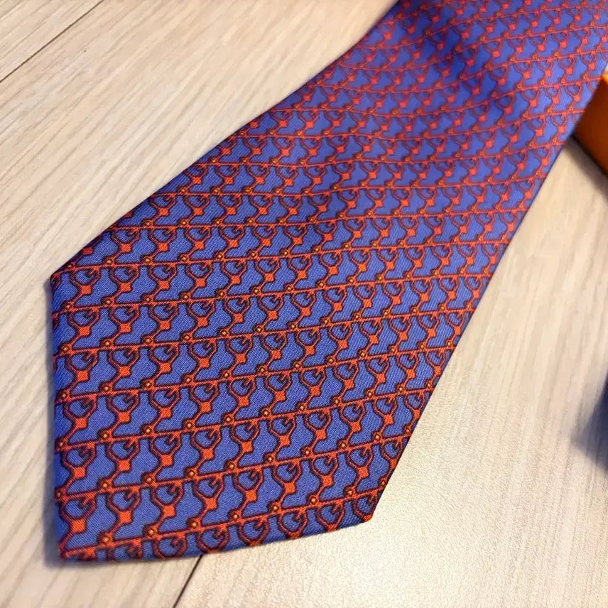 [BUNJANG] Hermès 100% Silk Blue &amp; Orange Pattern Necktie / 정품 에르메스 넥타이 블루&amp;오렌지패턴 실크100% 실착2회