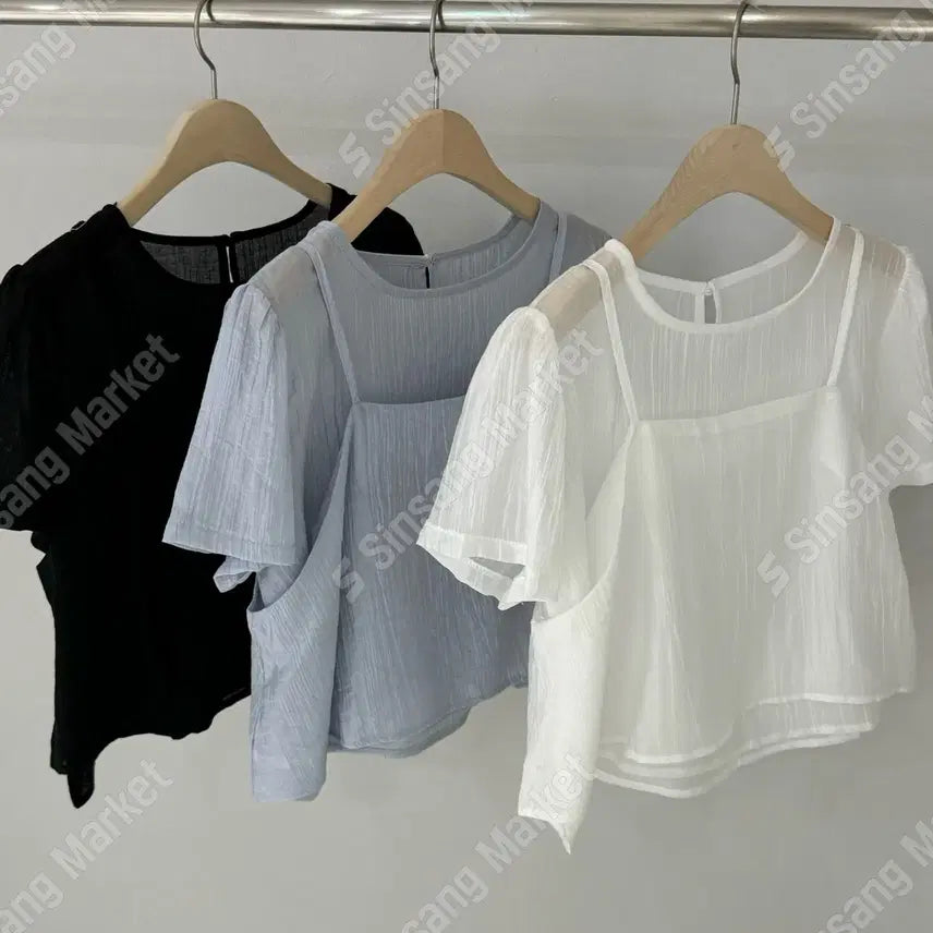 [BUNJANG] Wrinkle Short Sleeve Blouse Bustier Set / 분리O 뷔스티에 세트 링클 반팔 블라우스 / 103