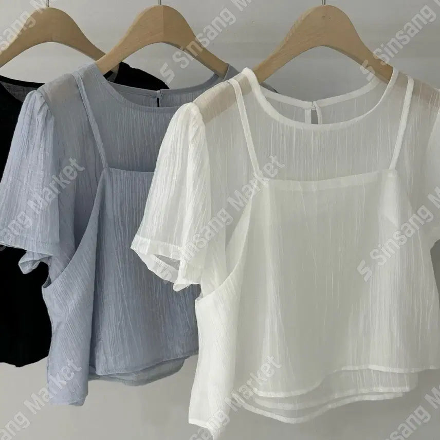 [BUNJANG] Wrinkle Short Sleeve Blouse Bustier Set / 분리O 뷔스티에 세트 링클 반팔 블라우스 / 103