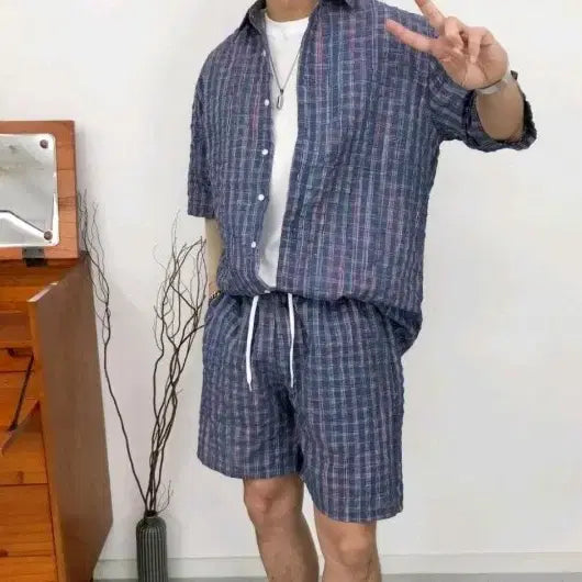 [BUNJANG] Seersucker Neon Check Top &amp; Bottom Set / 시어서커 네온체크 상하의세트